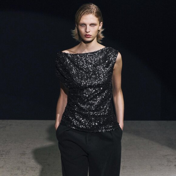 NWOT ZARA Asymmetrical Sequined Top Festive Limited Edition Black Small - Picture 1 of 11